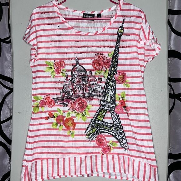 Onque Casuals Striped Paris Themed Short Sleeve Shirt - Picture 1 of 10